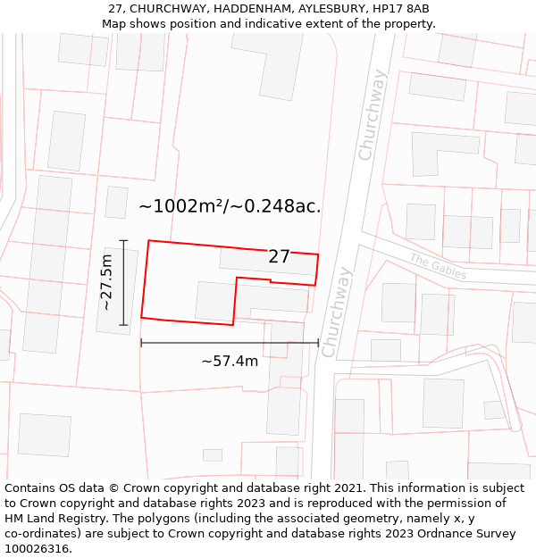 27, CHURCHWAY, HADDENHAM, AYLESBURY, HP17 8AB: Plot and title map