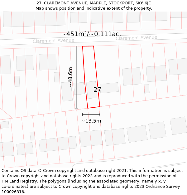27, CLAREMONT AVENUE, MARPLE, STOCKPORT, SK6 6JE: Plot and title map