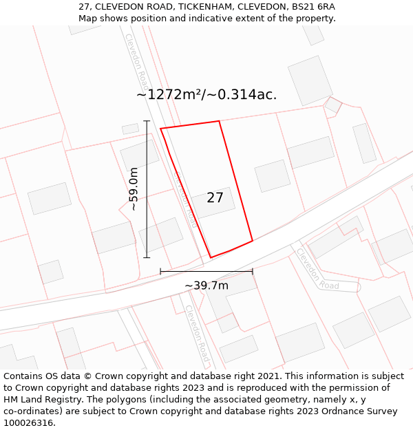 27, CLEVEDON ROAD, TICKENHAM, CLEVEDON, BS21 6RA: Plot and title map