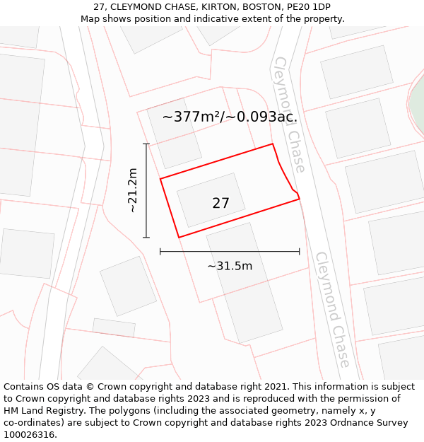 27, CLEYMOND CHASE, KIRTON, BOSTON, PE20 1DP: Plot and title map