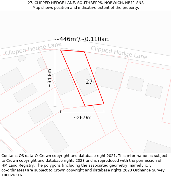 27, CLIPPED HEDGE LANE, SOUTHREPPS, NORWICH, NR11 8NS: Plot and title map