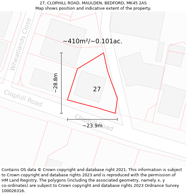 27, CLOPHILL ROAD, MAULDEN, BEDFORD, MK45 2AS: Plot and title map