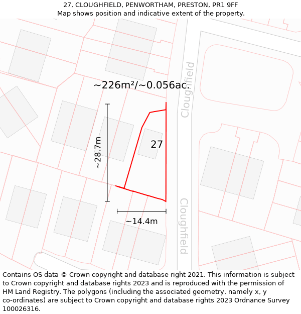 27, CLOUGHFIELD, PENWORTHAM, PRESTON, PR1 9FF: Plot and title map