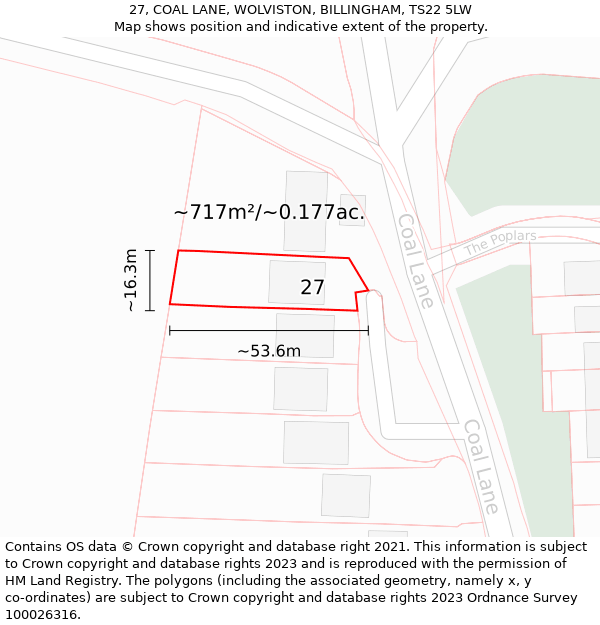 27, COAL LANE, WOLVISTON, BILLINGHAM, TS22 5LW: Plot and title map