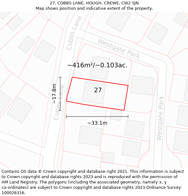 27, COBBS LANE, HOUGH, CREWE, CW2 5JN: Plot and title map