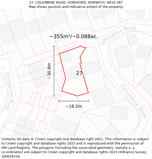 27, COLUMBINE ROAD, HORSFORD, NORWICH, NR10 3RT: Plot and title map