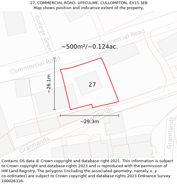 27, COMMERCIAL ROAD, UFFCULME, CULLOMPTON, EX15 3EB: Plot and title map