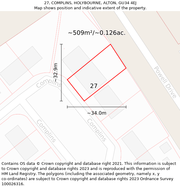 27, COMPLINS, HOLYBOURNE, ALTON, GU34 4EJ: Plot and title map