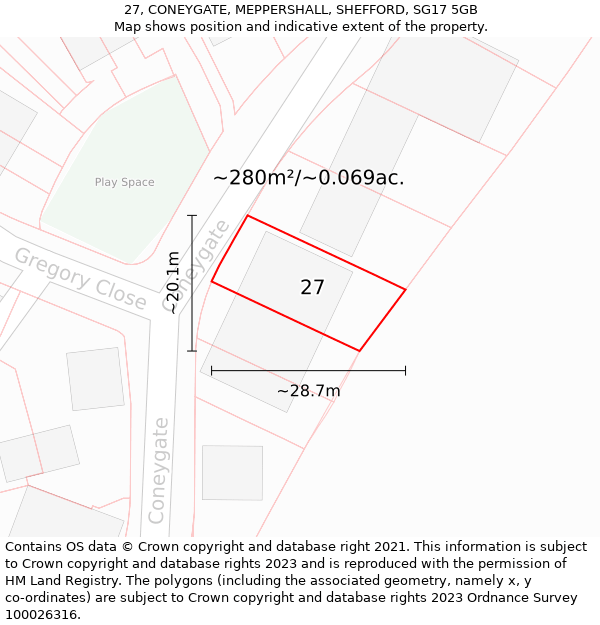 27, CONEYGATE, MEPPERSHALL, SHEFFORD, SG17 5GB: Plot and title map