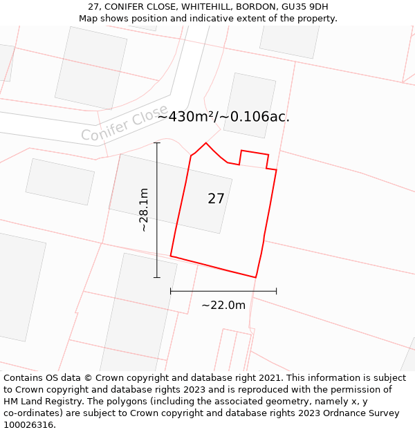 27, CONIFER CLOSE, WHITEHILL, BORDON, GU35 9DH: Plot and title map