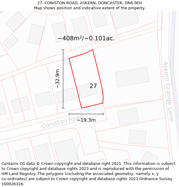 27, CONISTON ROAD, ASKERN, DONCASTER, DN6 0EH: Plot and title map