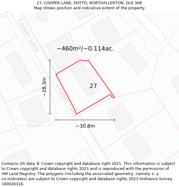 27, COOPER LANE, POTTO, NORTHALLERTON, DL6 3HE: Plot and title map