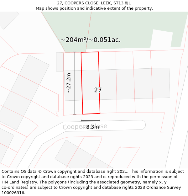 27, COOPERS CLOSE, LEEK, ST13 8JL: Plot and title map