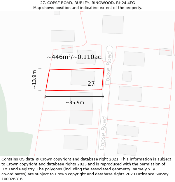 27, COPSE ROAD, BURLEY, RINGWOOD, BH24 4EG: Plot and title map