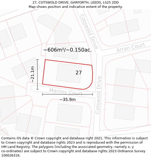 27, COTSWOLD DRIVE, GARFORTH, LEEDS, LS25 2DD: Plot and title map