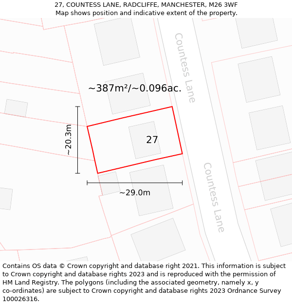 27, COUNTESS LANE, RADCLIFFE, MANCHESTER, M26 3WF: Plot and title map