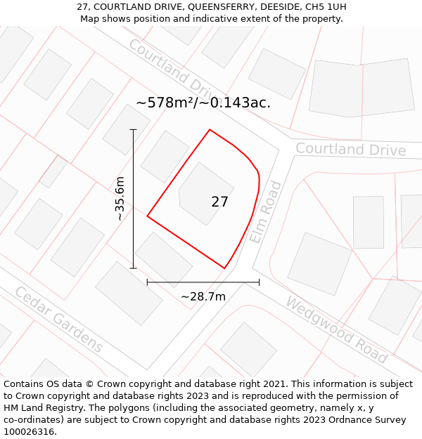 27, COURTLAND DRIVE, QUEENSFERRY, DEESIDE, CH5 1UH: Plot and title map