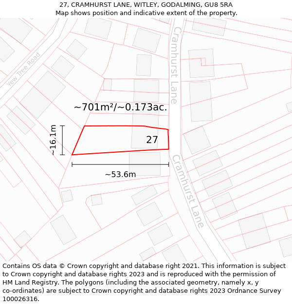 27, CRAMHURST LANE, WITLEY, GODALMING, GU8 5RA: Plot and title map