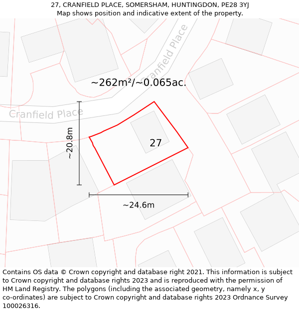 27, CRANFIELD PLACE, SOMERSHAM, HUNTINGDON, PE28 3YJ: Plot and title map