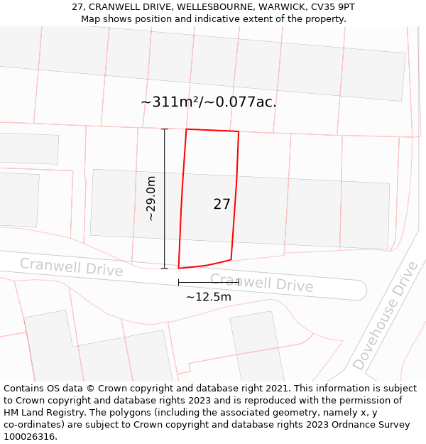 27, CRANWELL DRIVE, WELLESBOURNE, WARWICK, CV35 9PT: Plot and title map