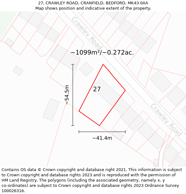 27, CRAWLEY ROAD, CRANFIELD, BEDFORD, MK43 0AA: Plot and title map