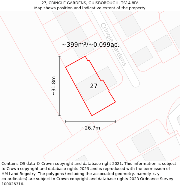 27, CRINGLE GARDENS, GUISBOROUGH, TS14 8FA: Plot and title map