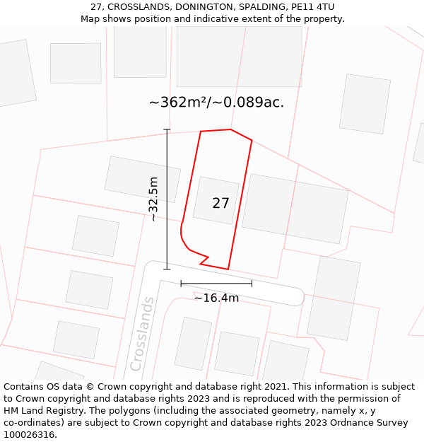 27, CROSSLANDS, DONINGTON, SPALDING, PE11 4TU: Plot and title map