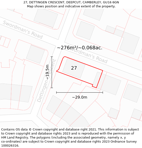 27, DETTINGEN CRESCENT, DEEPCUT, CAMBERLEY, GU16 6GN: Plot and title map