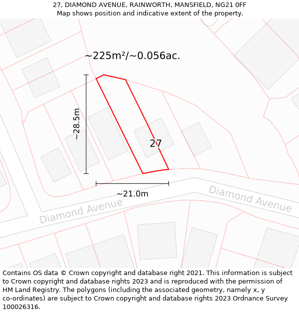 27, DIAMOND AVENUE, RAINWORTH, MANSFIELD, NG21 0FF: Plot and title map