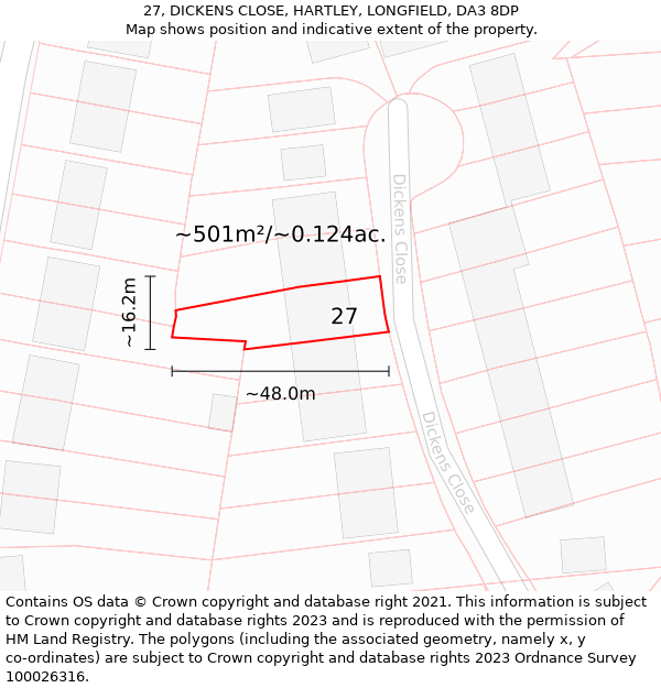 27, DICKENS CLOSE, HARTLEY, LONGFIELD, DA3 8DP: Plot and title map