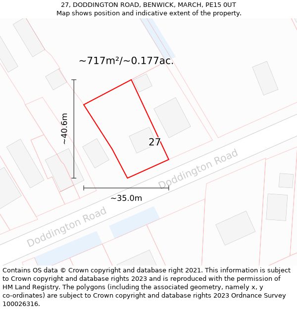 27, DODDINGTON ROAD, BENWICK, MARCH, PE15 0UT: Plot and title map