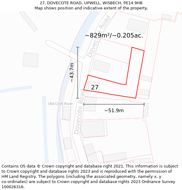 27, DOVECOTE ROAD, UPWELL, WISBECH, PE14 9HB: Plot and title map