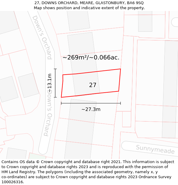 27, DOWNS ORCHARD, MEARE, GLASTONBURY, BA6 9SQ: Plot and title map