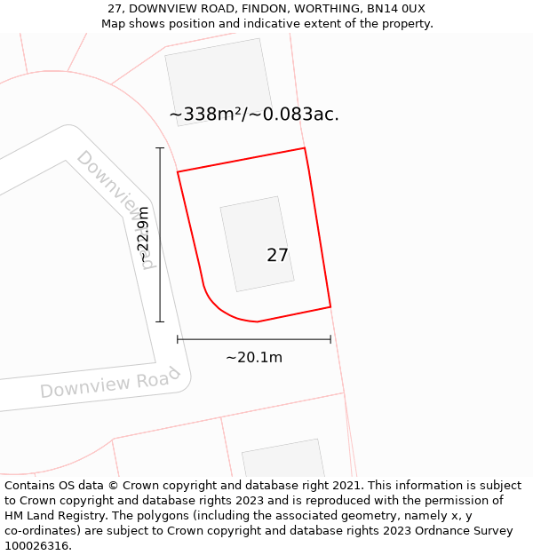 27, DOWNVIEW ROAD, FINDON, WORTHING, BN14 0UX: Plot and title map