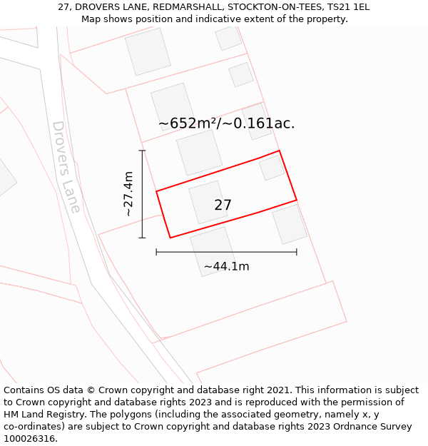 27, DROVERS LANE, REDMARSHALL, STOCKTON-ON-TEES, TS21 1EL: Plot and title map