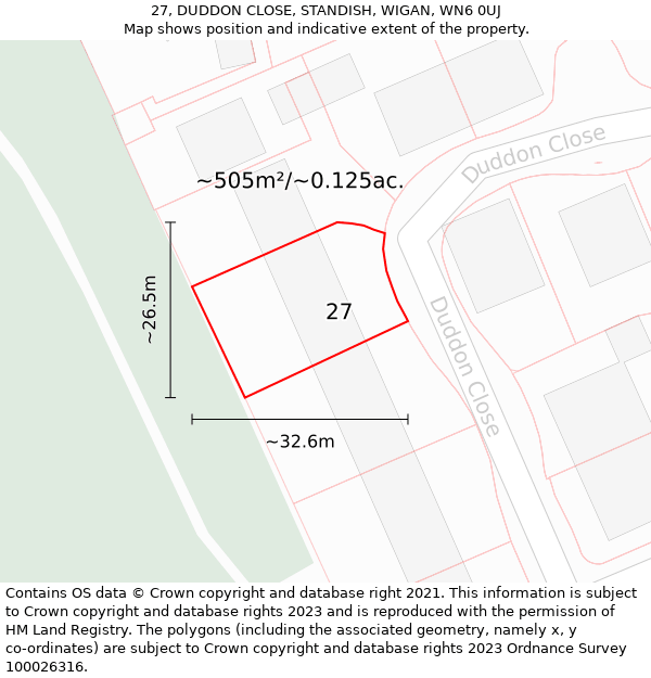 27, DUDDON CLOSE, STANDISH, WIGAN, WN6 0UJ: Plot and title map