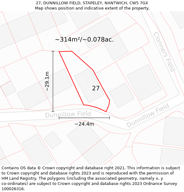 27, DUNNILLOW FIELD, STAPELEY, NANTWICH, CW5 7GX: Plot and title map