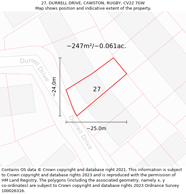 27, DURRELL DRIVE, CAWSTON, RUGBY, CV22 7GW: Plot and title map