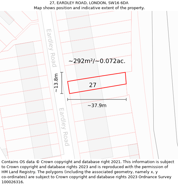 27, EARDLEY ROAD, LONDON, SW16 6DA: Plot and title map