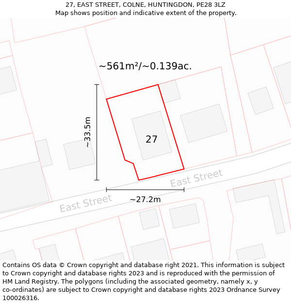 27, EAST STREET, COLNE, HUNTINGDON, PE28 3LZ: Plot and title map