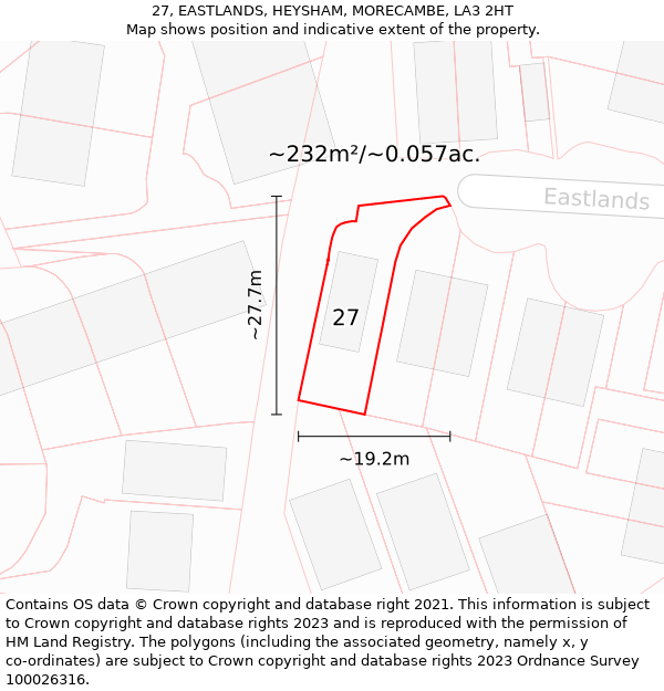 27, EASTLANDS, HEYSHAM, MORECAMBE, LA3 2HT: Plot and title map