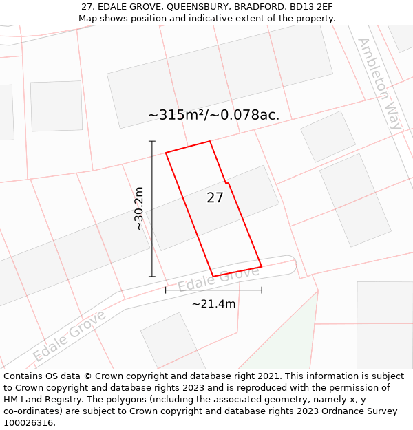 27, EDALE GROVE, QUEENSBURY, BRADFORD, BD13 2EF: Plot and title map