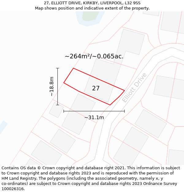 27, ELLIOTT DRIVE, KIRKBY, LIVERPOOL, L32 9SS: Plot and title map