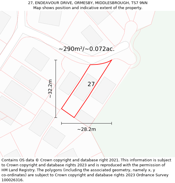 27, ENDEAVOUR DRIVE, ORMESBY, MIDDLESBROUGH, TS7 9NN: Plot and title map