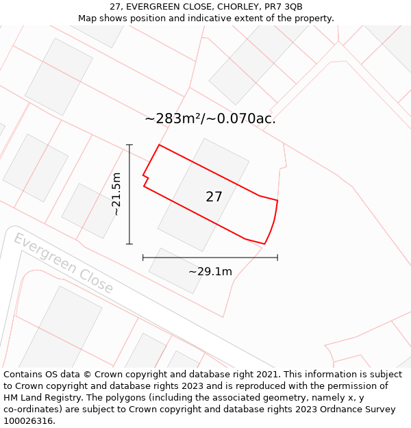 27, EVERGREEN CLOSE, CHORLEY, PR7 3QB: Plot and title map