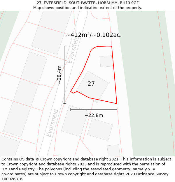 27, EVERSFIELD, SOUTHWATER, HORSHAM, RH13 9GF: Plot and title map