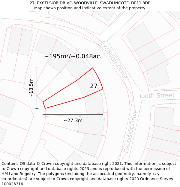 27, EXCELSIOR DRIVE, WOODVILLE, SWADLINCOTE, DE11 8DP: Plot and title map