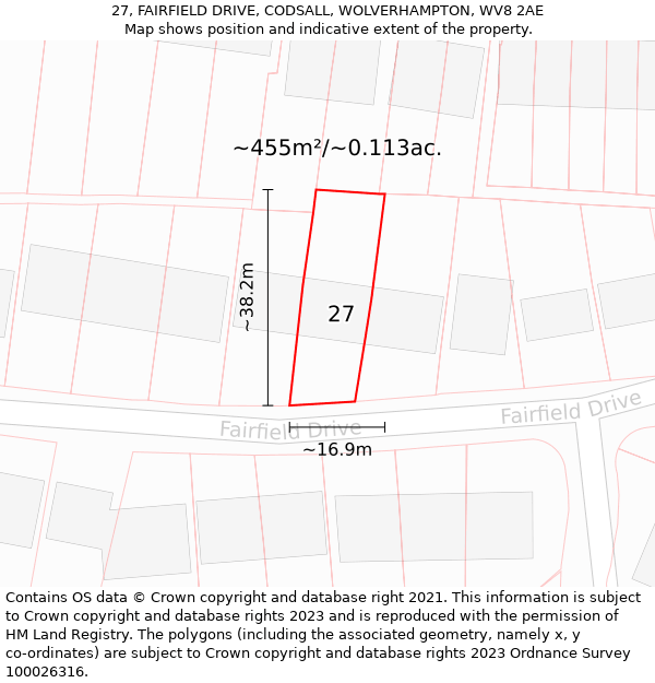 27, FAIRFIELD DRIVE, CODSALL, WOLVERHAMPTON, WV8 2AE: Plot and title map