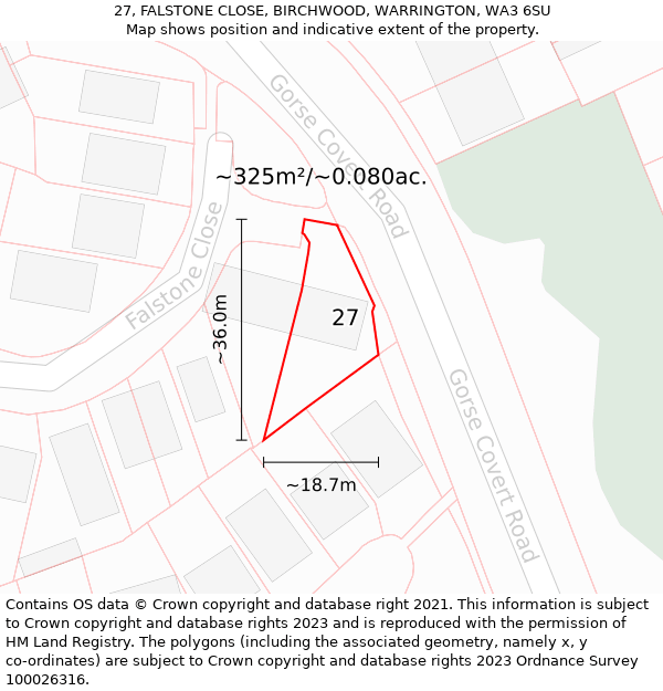 27, FALSTONE CLOSE, BIRCHWOOD, WARRINGTON, WA3 6SU: Plot and title map