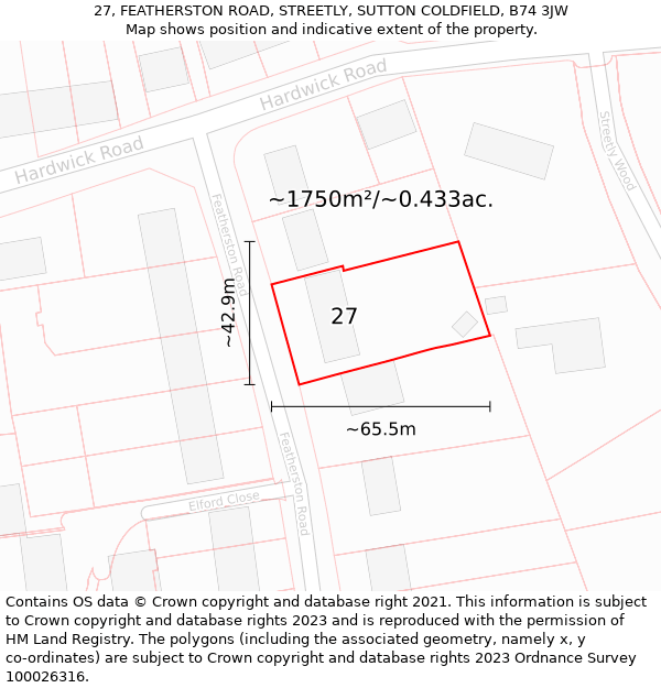 27, FEATHERSTON ROAD, STREETLY, SUTTON COLDFIELD, B74 3JW: Plot and title map